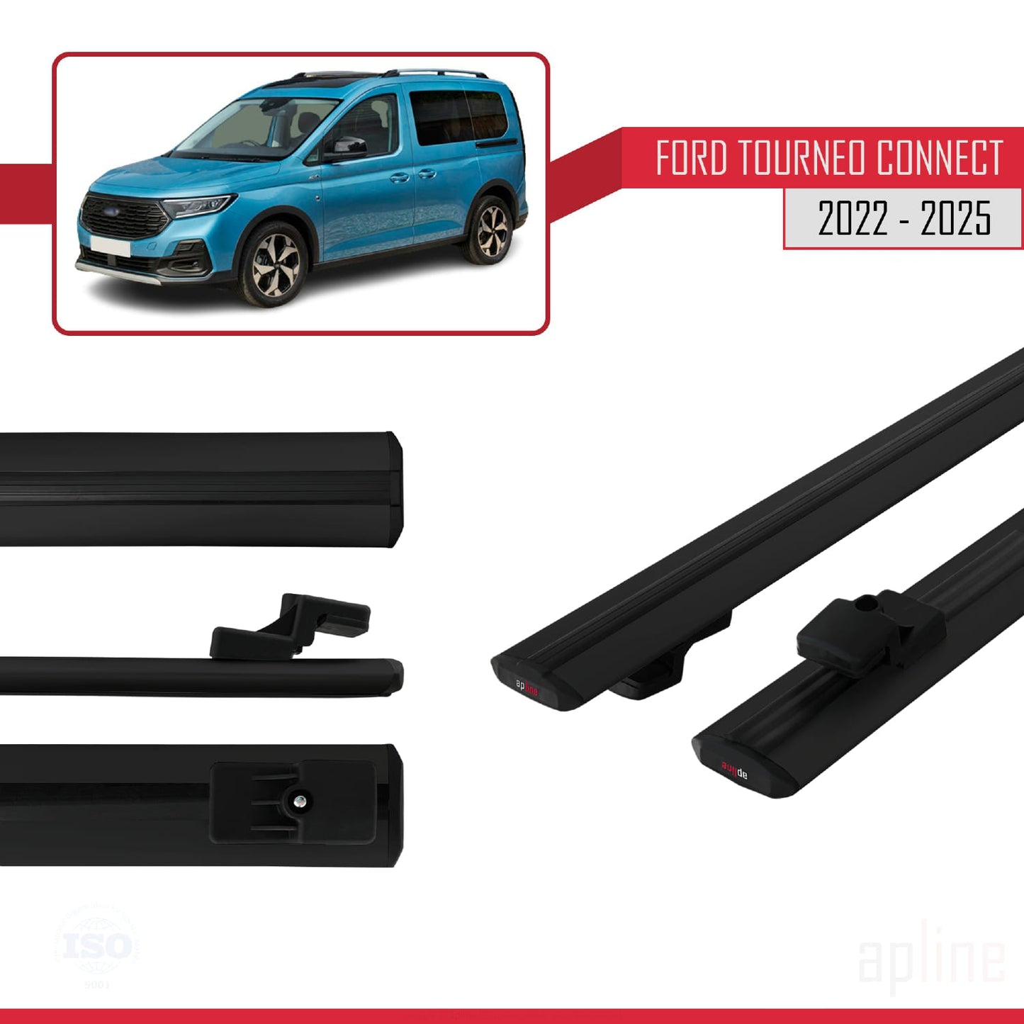 BASIC Model Dakdrager bagagedrager compatibel met Ford Transit/Tourneo Connect 3 2022-2025 Spoorstaven Zwart Aluminium 2 Staven