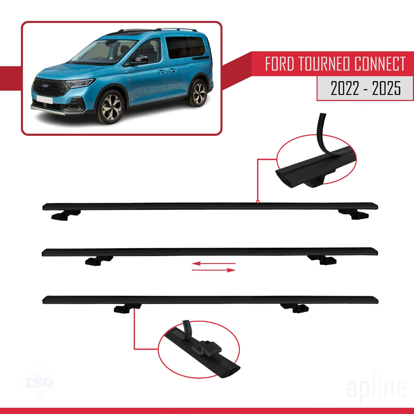 BASIC Model Dakdrager bagagedrager compatibel met Ford Transit/Tourneo Connect 3 2022-2025 Spoorstaven Zwart Aluminium 2 Staven