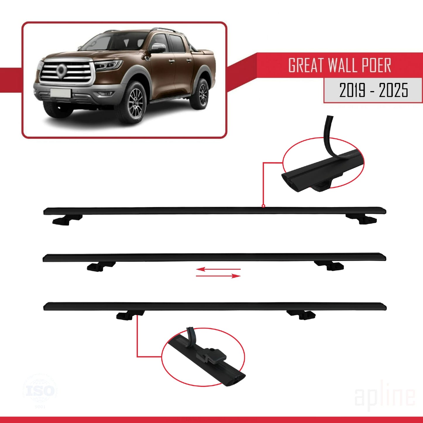 Compatible avec Great Wall Poer 2019-2025 BASIC Model Barres de Toit Railing Porte-Bagages de Voiture Noir Aluminium 2 Barres