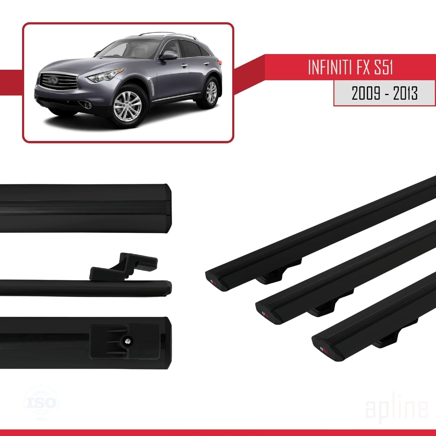 Compatible avec Infiniti FX 2 (S51) 2009-2013 BASIC Model Barres de Toit Railing Porte-Bagages de Voiture Noir Aluminium 3 Barres