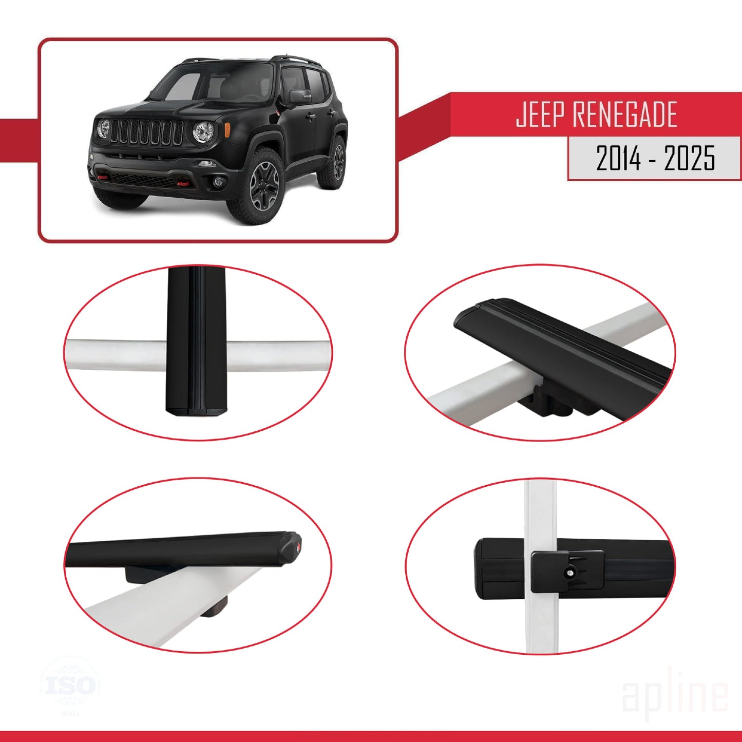 Compatible avec Jeep Renegade (BU) 2014-2025 BASIC Model Barres de Toit Railing Porte-Bagages de Voiture Noir Aluminium 3 Barres