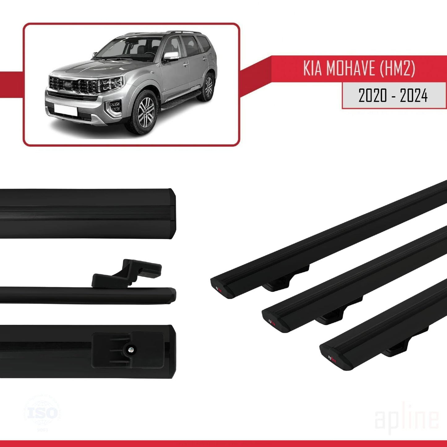 Compatible with Kia Mohave 2 (HM2) 2020-2024 BASIC Model Car Roof Rack Cross Bar Black Aluminium 3 Bars