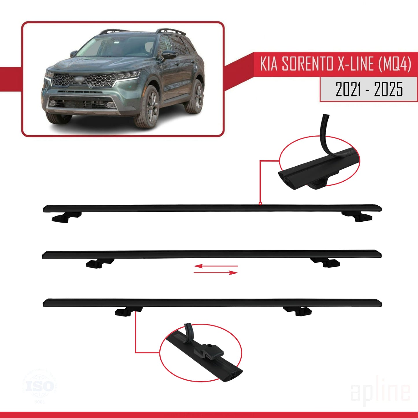 Compatible avec Kia Sorento 4 (MQ4) X-Line 2021-2025 BASIC Model Barres de Toit Railing Porte-Bagages de Voiture Noir Aluminium 2 Barres