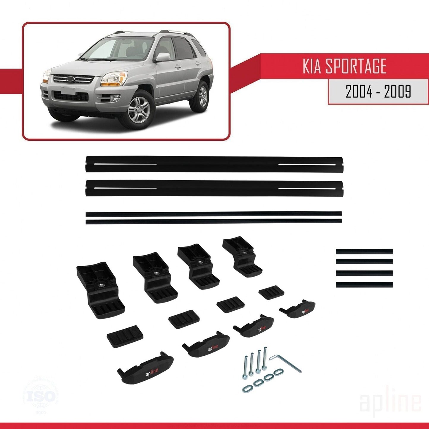 BASIC Model Dakdrager bagagedrager compatibel met Kia Sportage 2 (JE) 2004-2009 Spoorstaven Zwart Aluminium 2 Staven