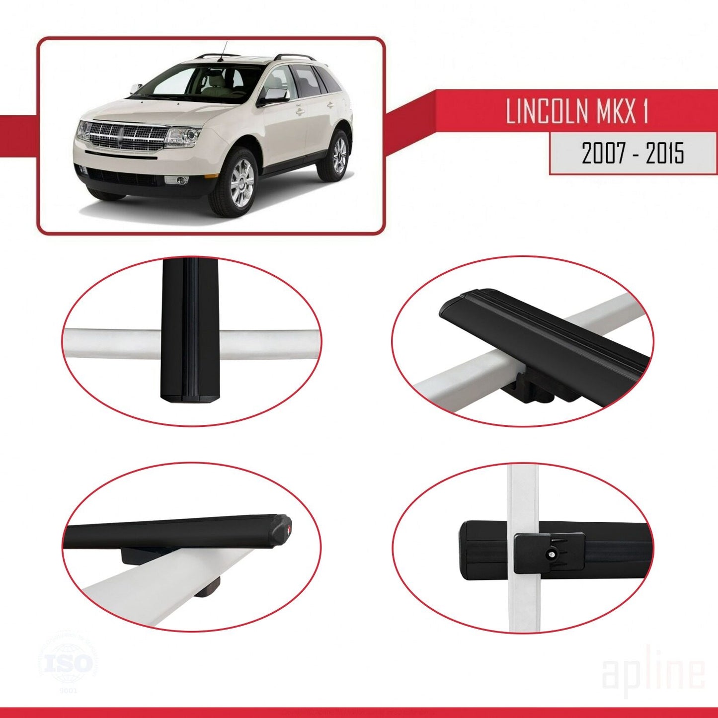 Compatible avec Lincoln MKX (U388) 2007-2015 BASIC Model Barres de Toit Railing Porte-Bagages de Voiture Noir Aluminium 2 Barres