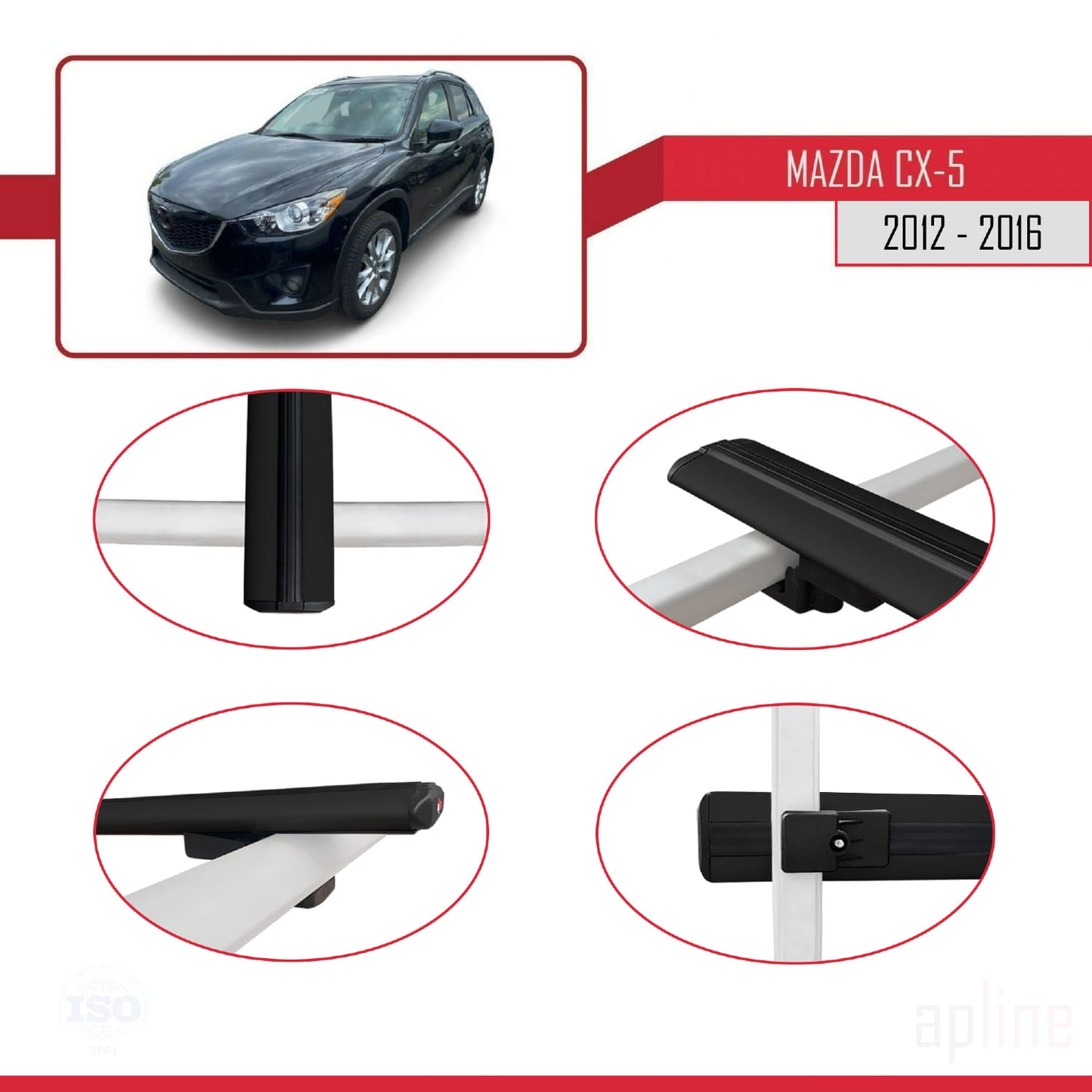 Compatible avec Mazda CX-5 I (KE) 2012-2016 BASIC Model Barres de Toit Railing Porte-Bagages de Voiture Noir Aluminium 2 Barres