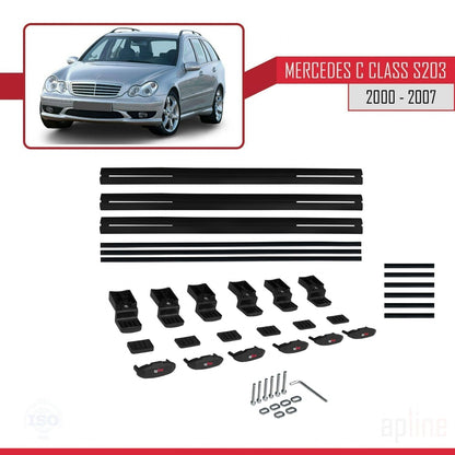 Compatible avec Mercedes Classe C 2 (S203) 2000-2007 BASIC Model Barres de Toit Railing Porte-Bagages de Voiture Noir Aluminium 3 Barres