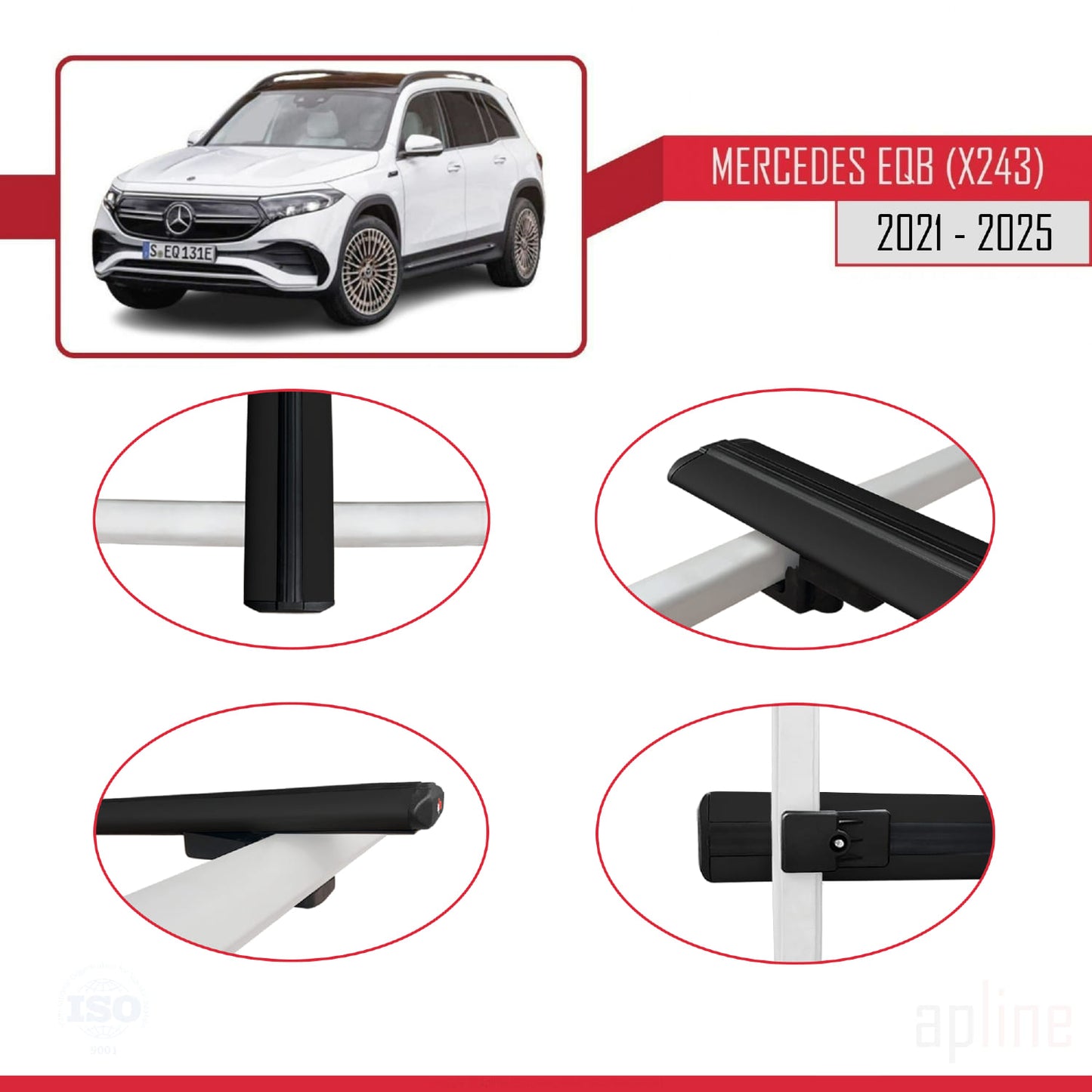 Compatible with Mercedes EQB (X243) 2021-2025 BASIC Model Car Roof Rack Cross Bar Black Aluminium 3 Bars