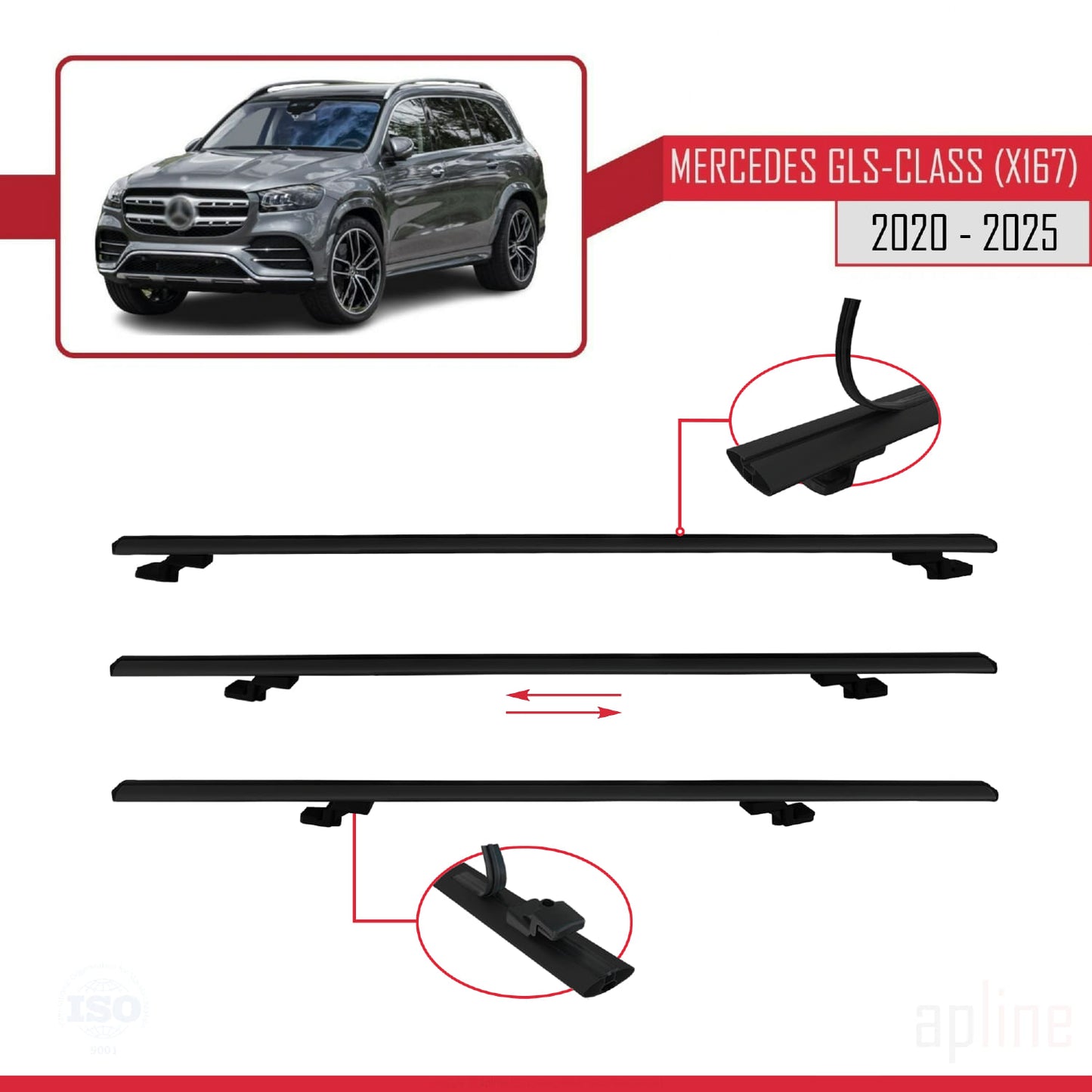 Compatible avec Mercedes Classe GLS (X167) 2020-2025 BASIC Model Barres de Toit Railing Porte-Bagages de Voiture Noir Aluminium 3 Barres