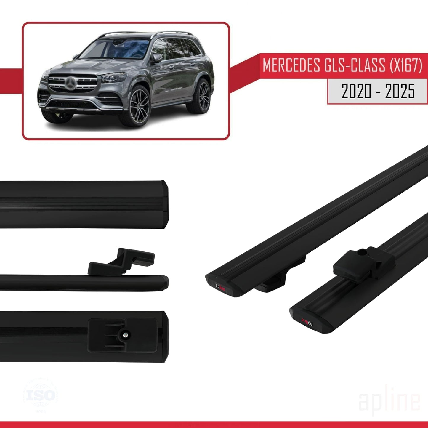 Compatible with Mercedes GLS Class (X167) 2020-2025 BASIC Model Car Roof Rack Cross Bar Black Aluminium 2 Bars