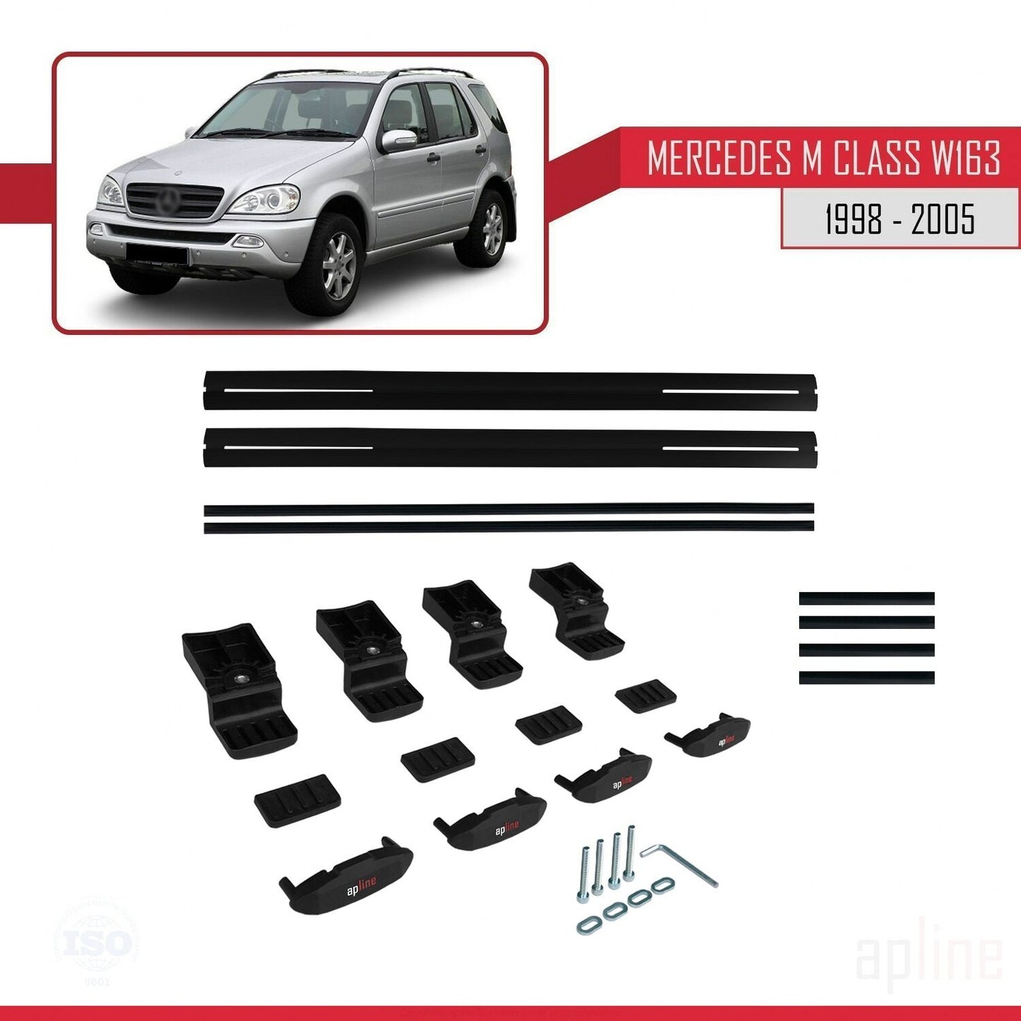 Compatible avec Mercedes Classe M (W163) 1998-2005 BASIC Model Barres de Toit Railing Porte-Bagages de Voiture Noir Aluminium 2 Barres