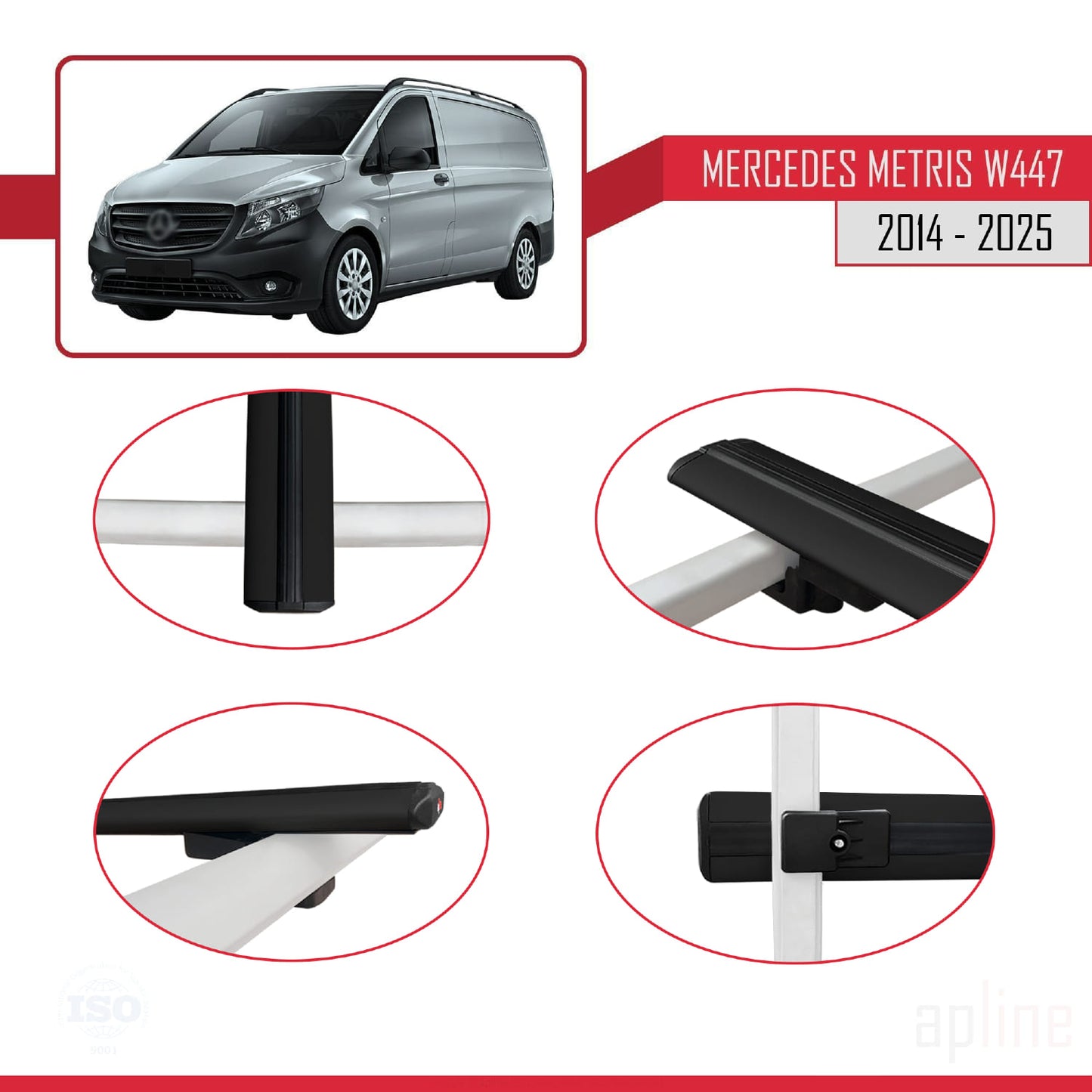 Compatible with Mercedes Metris (W447) 2014-2025 BASIC Model Car Roof Rack Cross Bar Black Aluminium 3 Bars