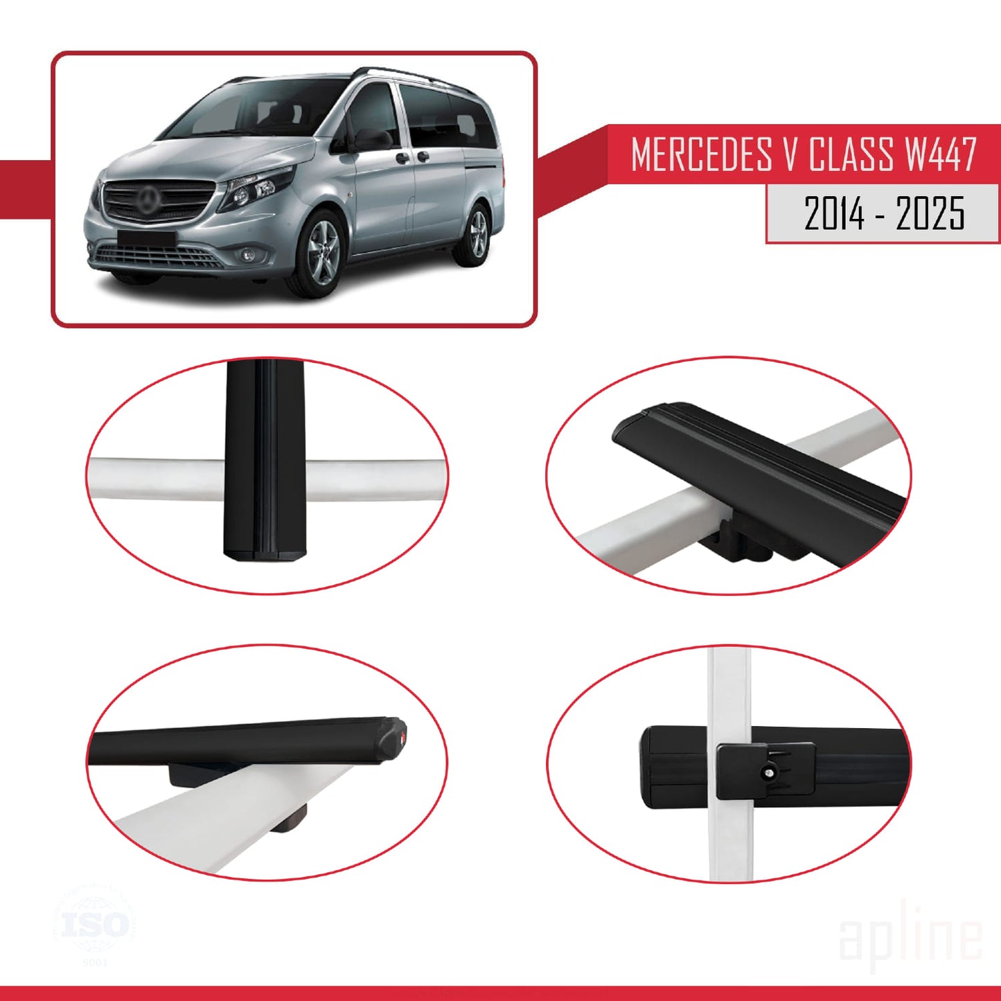 Compatible with Mercedes V Class 3 (W447) 2014-2025 BASIC Model Car Roof Rack Cross Bar Black Aluminium 4 Bars