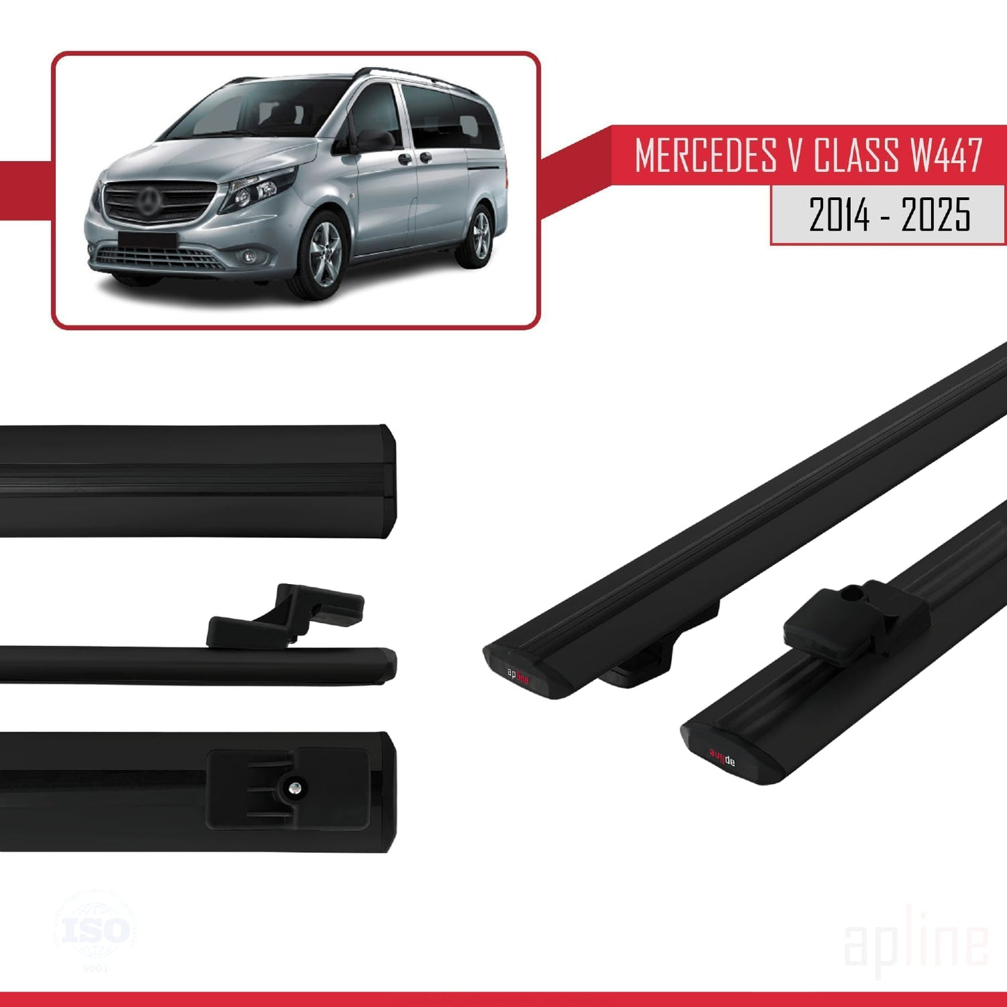 BASIC Model Dakdrager bagagedrager compatibel met Mercedes V Klasse 3 (W447) 2014-2025 Spoorstaven Zwart Aluminium 2 Staven