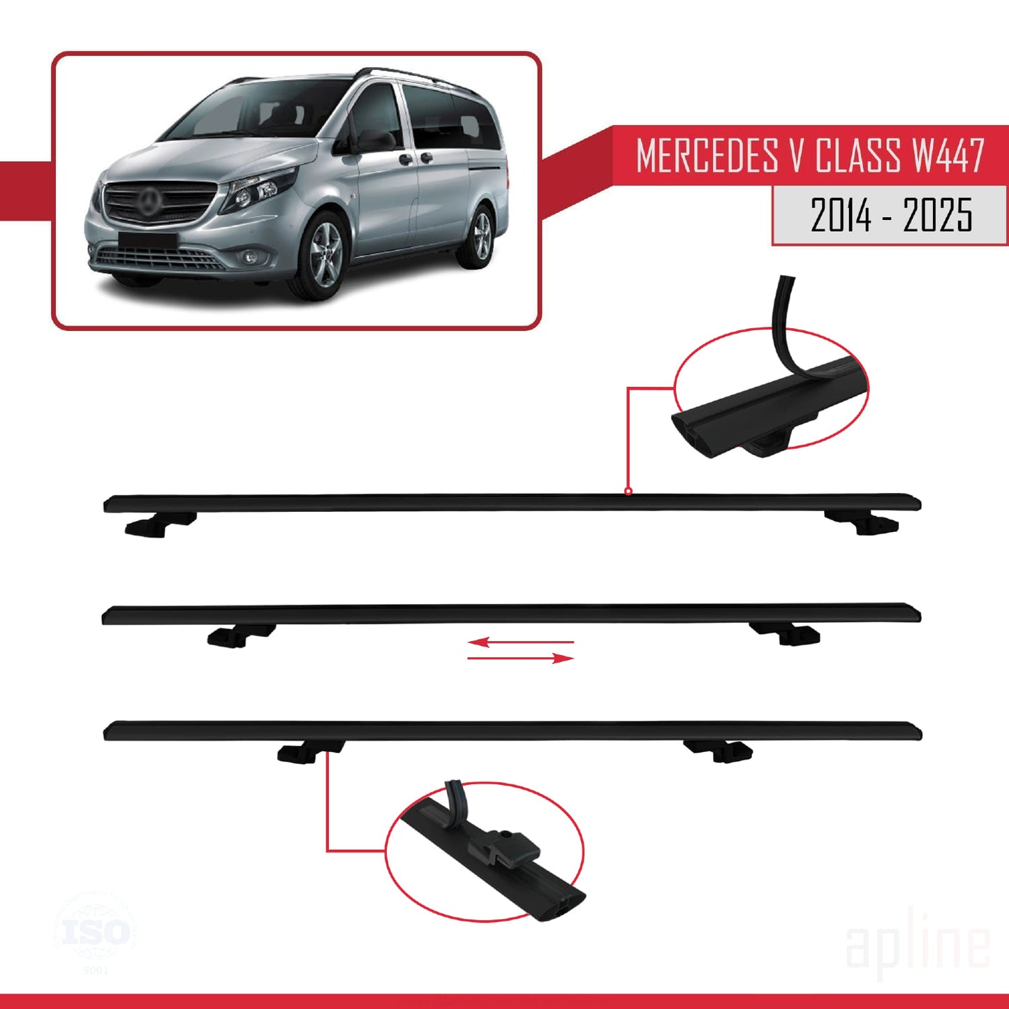 BASIC Model Dakdrager bagagedrager compatibel met Mercedes V Klasse 3 (W447) 2014-2025 Spoorstaven Zwart Aluminium 2 Staven