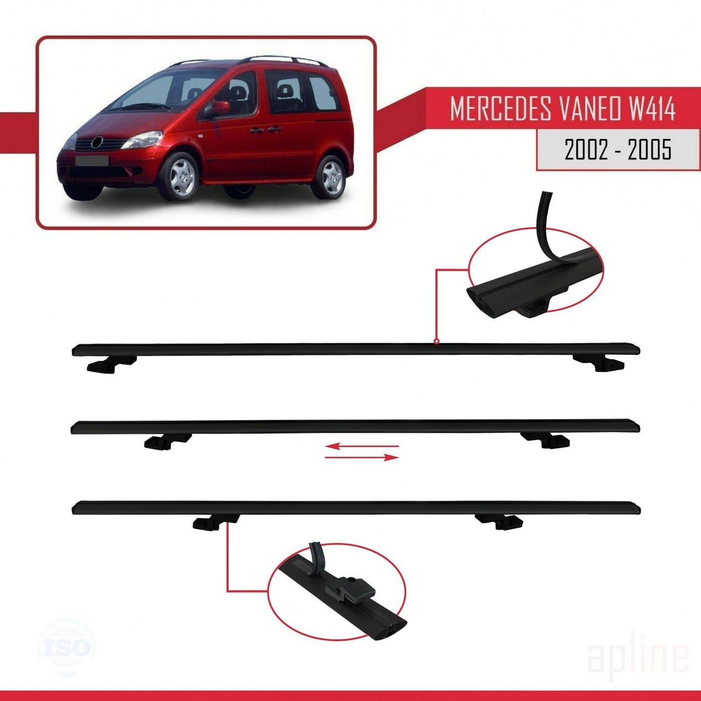 Compatible with Mercedes Vaneo (W414) 2002-2005 BASIC Model Car Roof Rack Cross Bar Black Aluminium 3 Bars