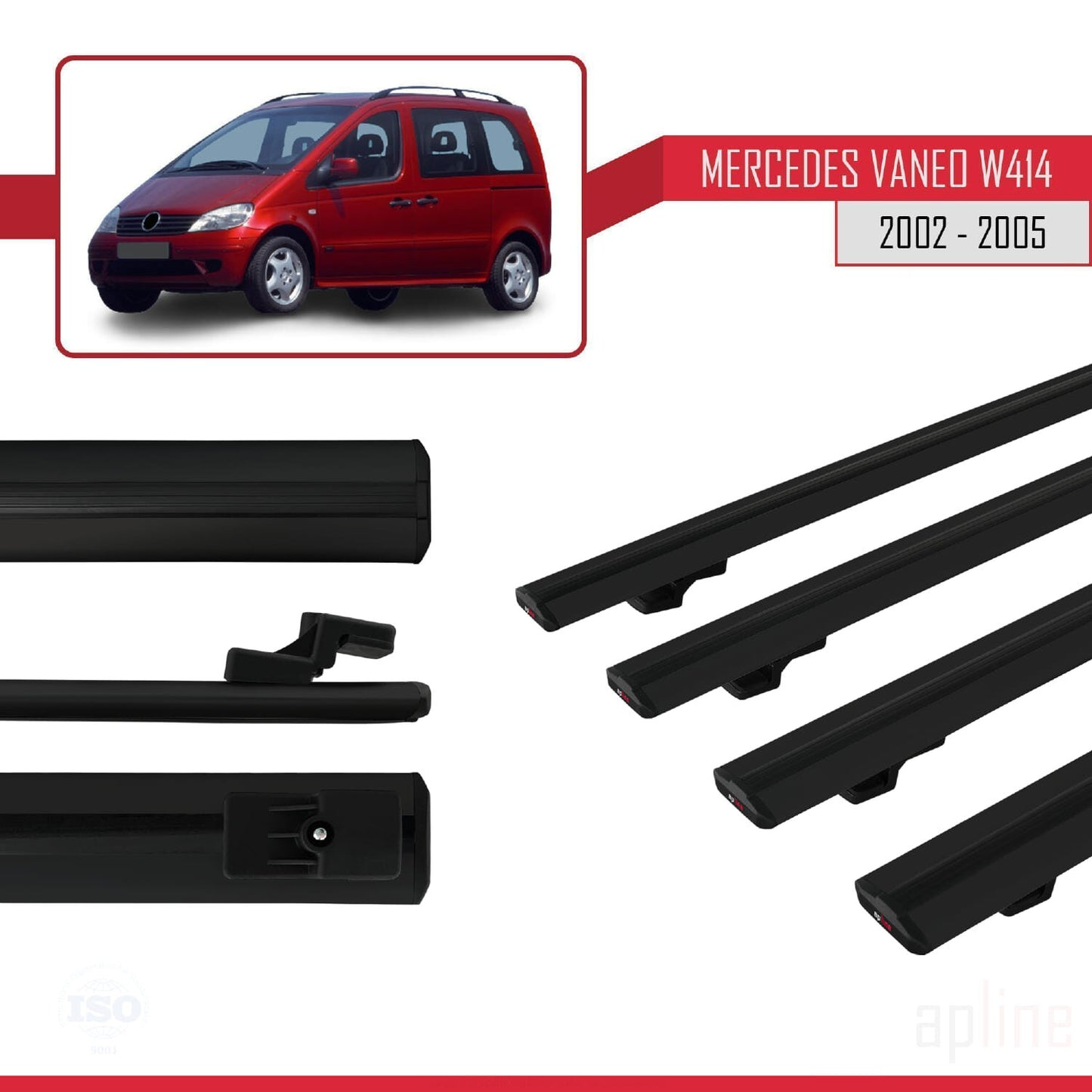 Compatible with Mercedes Vaneo (W414) 2002-2005 BASIC Model Car Roof Rack Cross Bar Black Aluminium 4 Bars