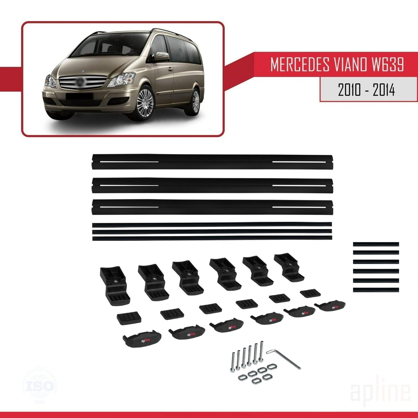 Compatible with Mercedes Viano 2 (W639) Post-Facelift 2010-2014 BASIC Model Car Roof Rack Cross Bar Black Aluminium 3 Bars