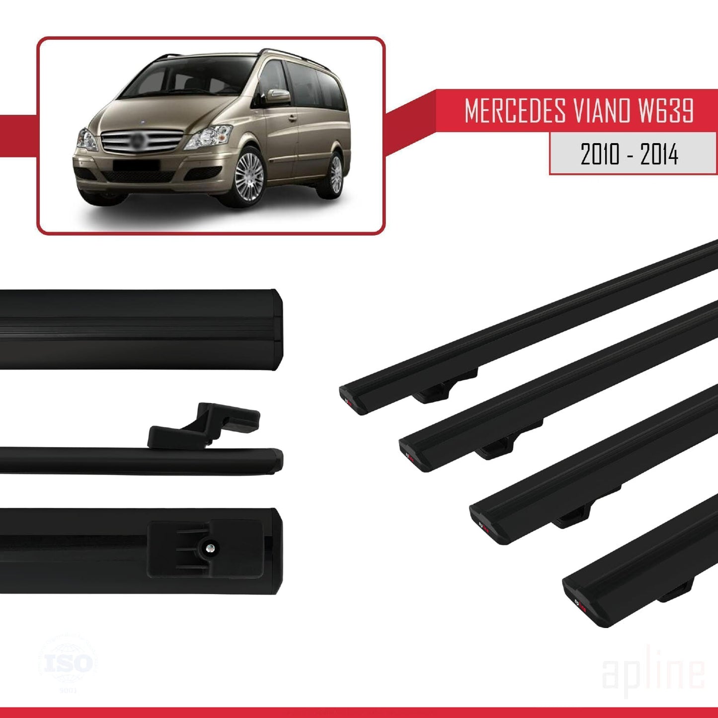 Compatible with Mercedes Viano 2 (W639) Post-Facelift 2010-2014 BASIC Model Car Roof Rack Cross Bar Black Aluminium 4 Bars