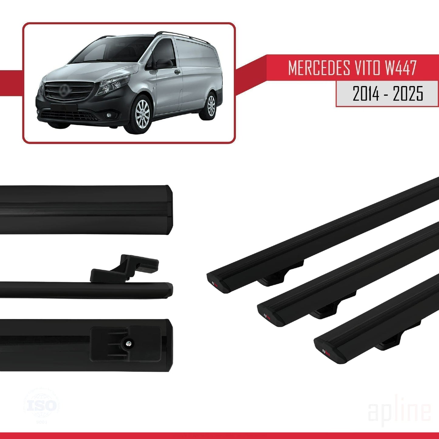 Compatible avec Mercedes Vito 3 (W447) 2014-2025 BASIC Model Barres de Toit Railing Porte-Bagages de Voiture Noir Aluminium 3 Barres