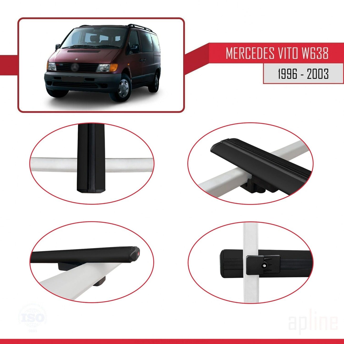 Compatible with Mercedes Vito (W638) 1996-2003 BASIC Model Car Roof Rack Cross Bar Black Aluminium 3 Bars