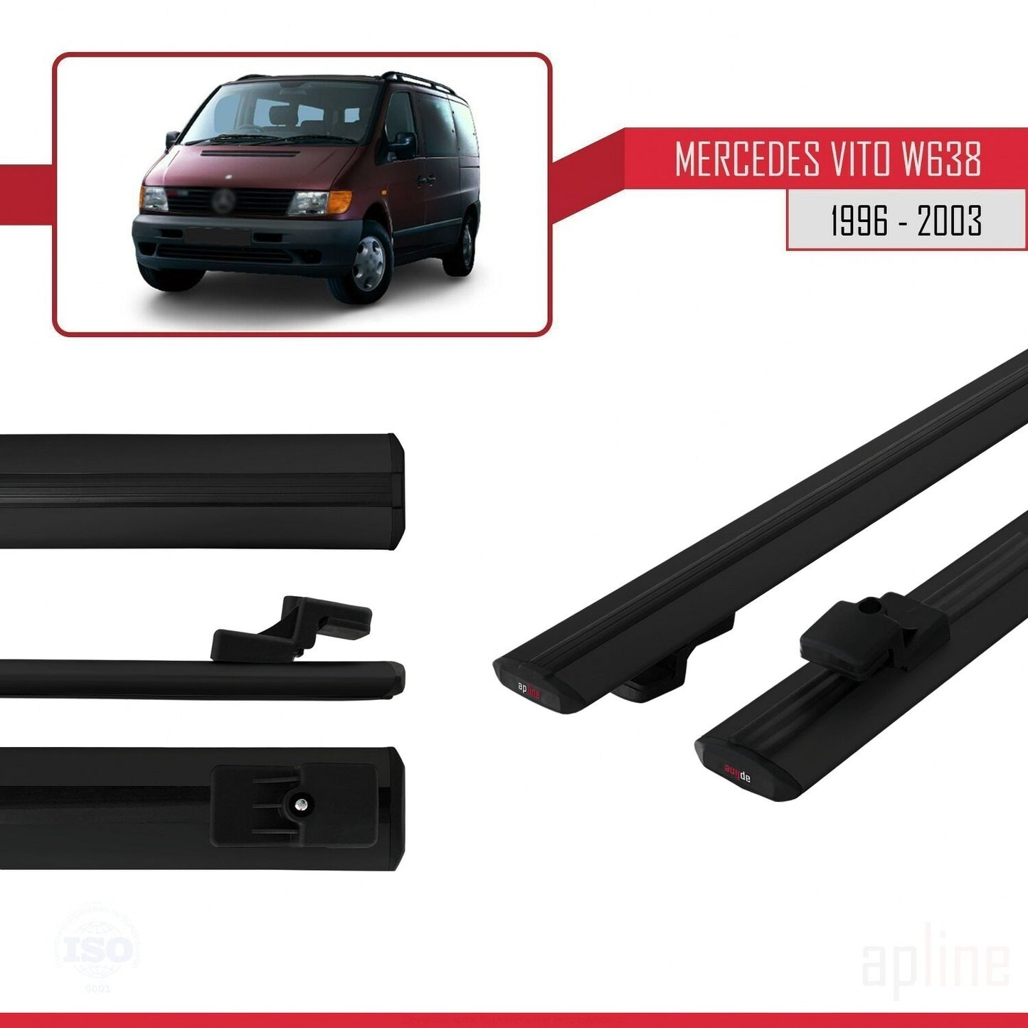 Compatible with Mercedes Vito (W638) 1996-2003 BASIC Model Car Roof Rack Cross Bar Black Aluminium 2 Bars