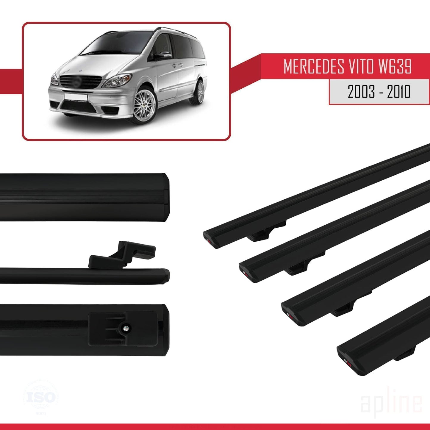 Compatible avec Mercedes Vito 2 (W639) Pre-Facelift 2003-2010 BASIC Model Barres de Toit Railing Porte-Bagages de Voiture Noir Aluminium 4 Barres
