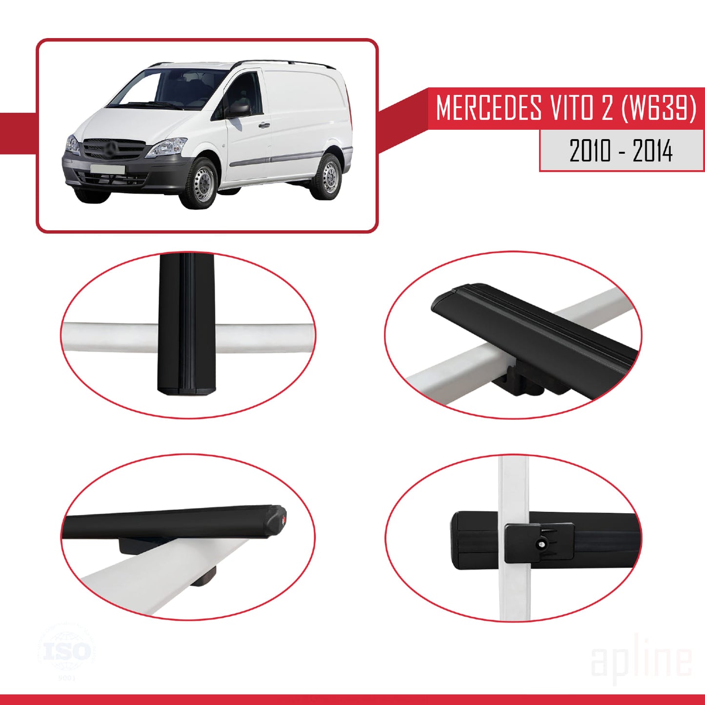 Compatible with Mercedes Vito 2 (W639) Post-Facelift 2010-2014 BASIC Model Car Roof Rack Cross Bar Black Aluminium 3 Bars