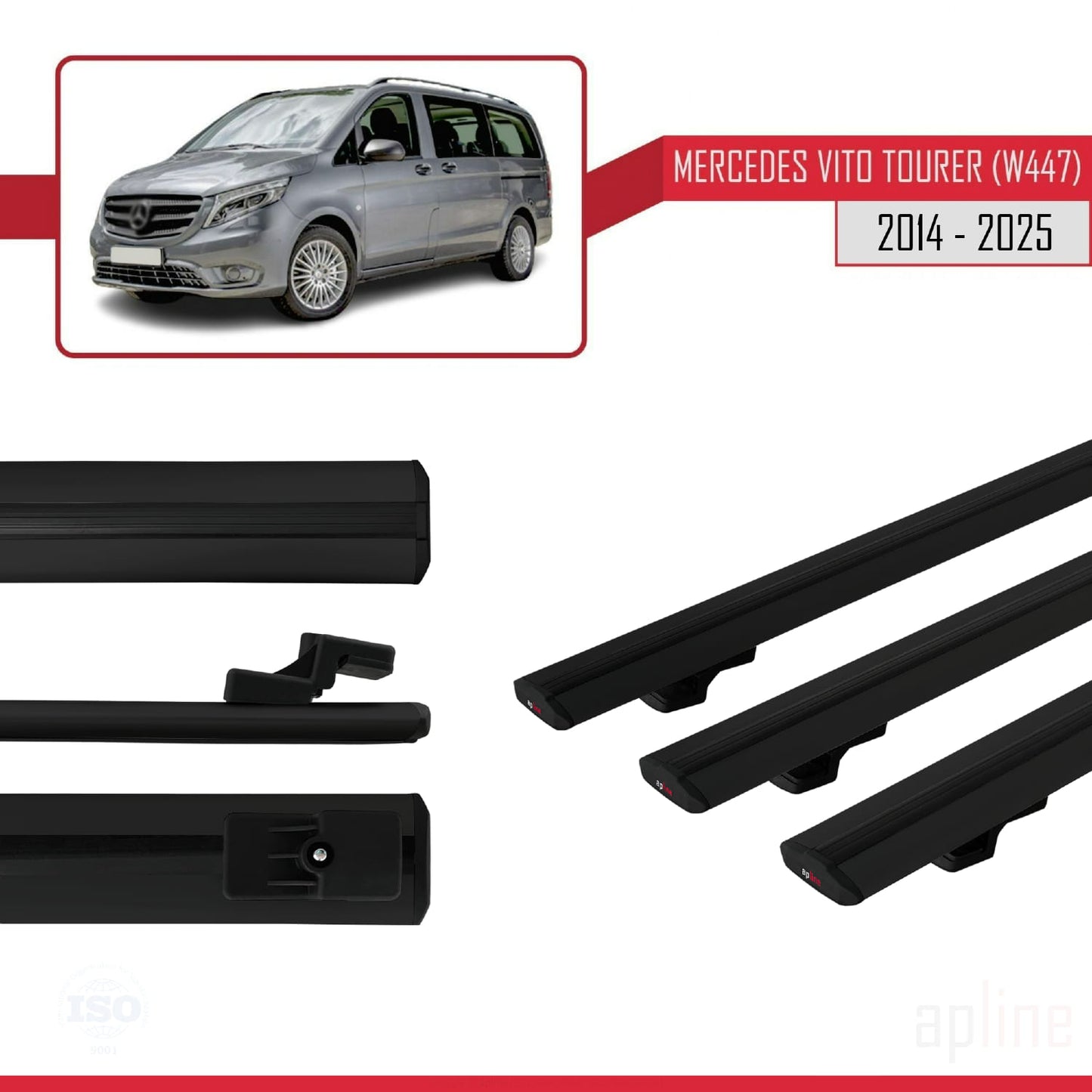 Compatible avec Mercedes Vito Tourer (W447) 2014-2025 BASIC Model Barres de Toit Railing Porte-Bagages de Voiture Noir Aluminium 3 Barres