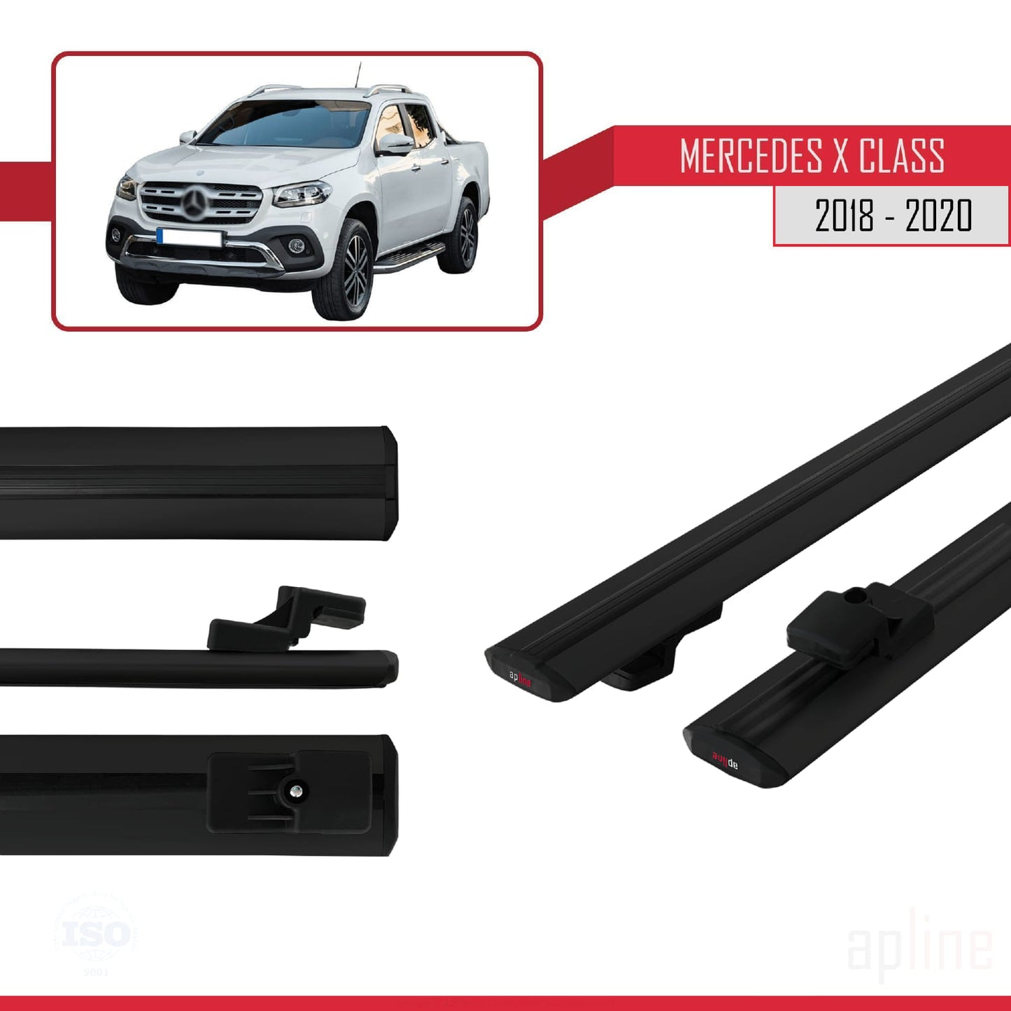 Compatible with Mercedes X Class (470) 2018-2020 BASIC Model Car Roof Rack Cross Bar Black Aluminium 2 Bars