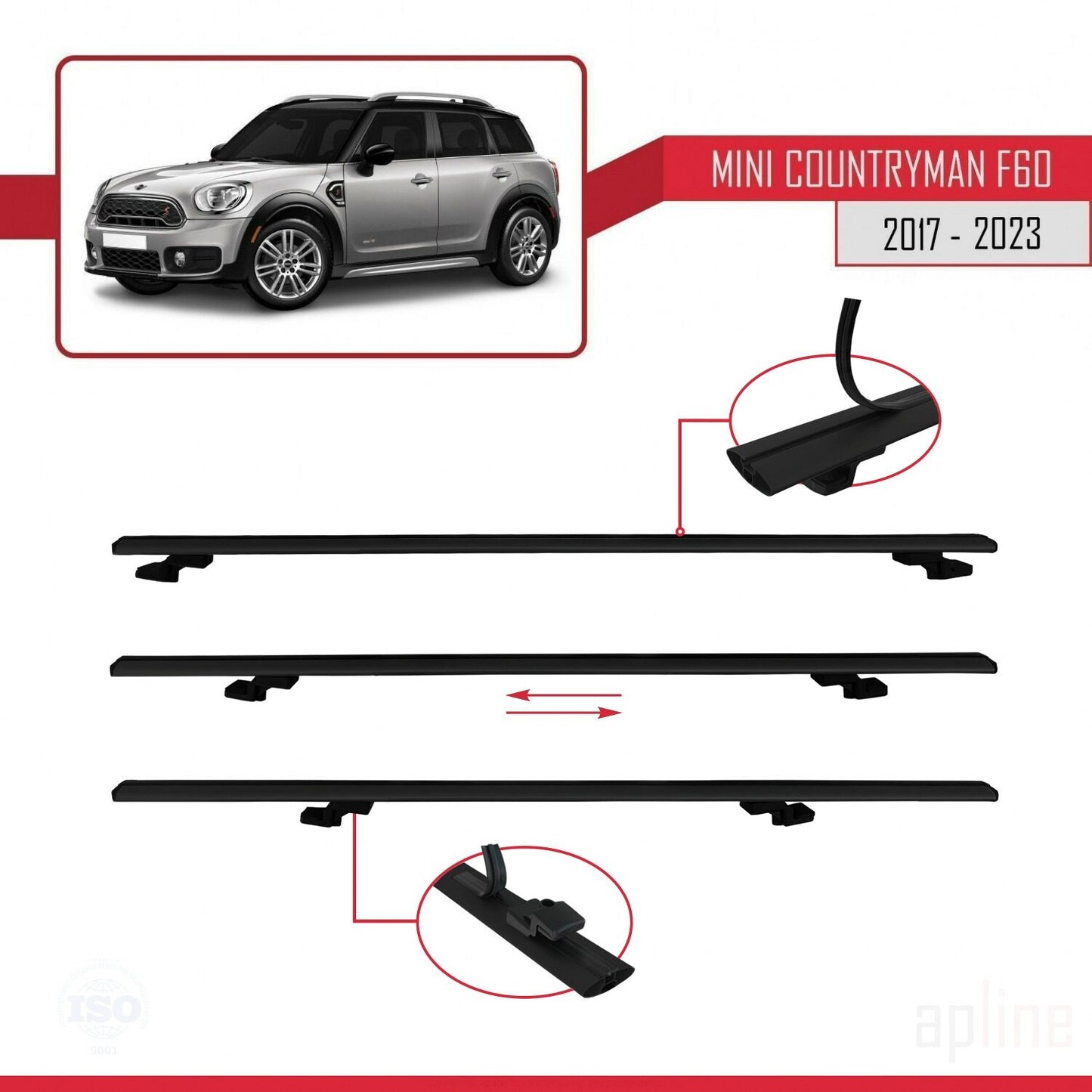 Compatible avec Mini Countryman 2 (F60) 2017-2023 BASIC Model Barres de Toit Railing Porte-Bagages de Voiture Noir Aluminium 2 Barres