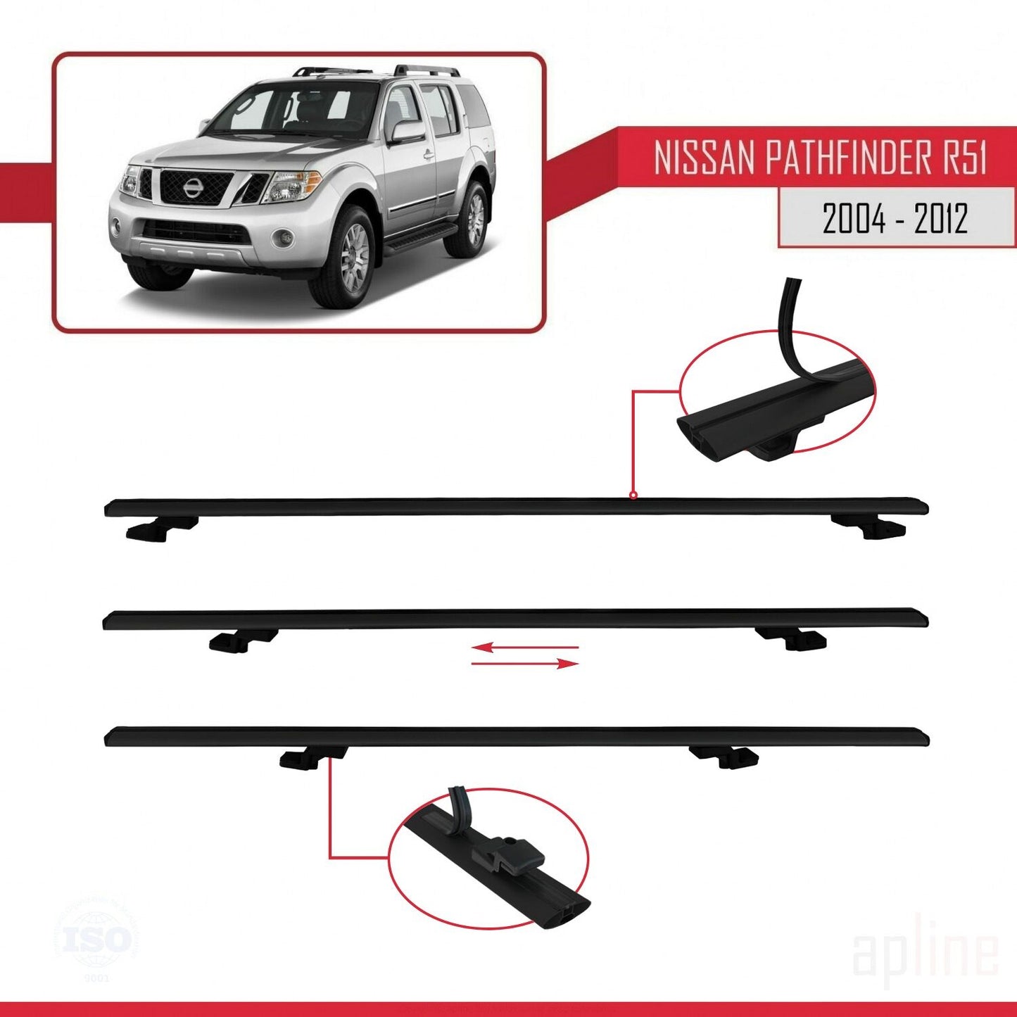 Compatible avec Nissan Pathfinder 3 (R51) 2004-2012 BASIC Model Barres de Toit Railing Porte-Bagages de Voiture Noir Aluminium 3 Barres