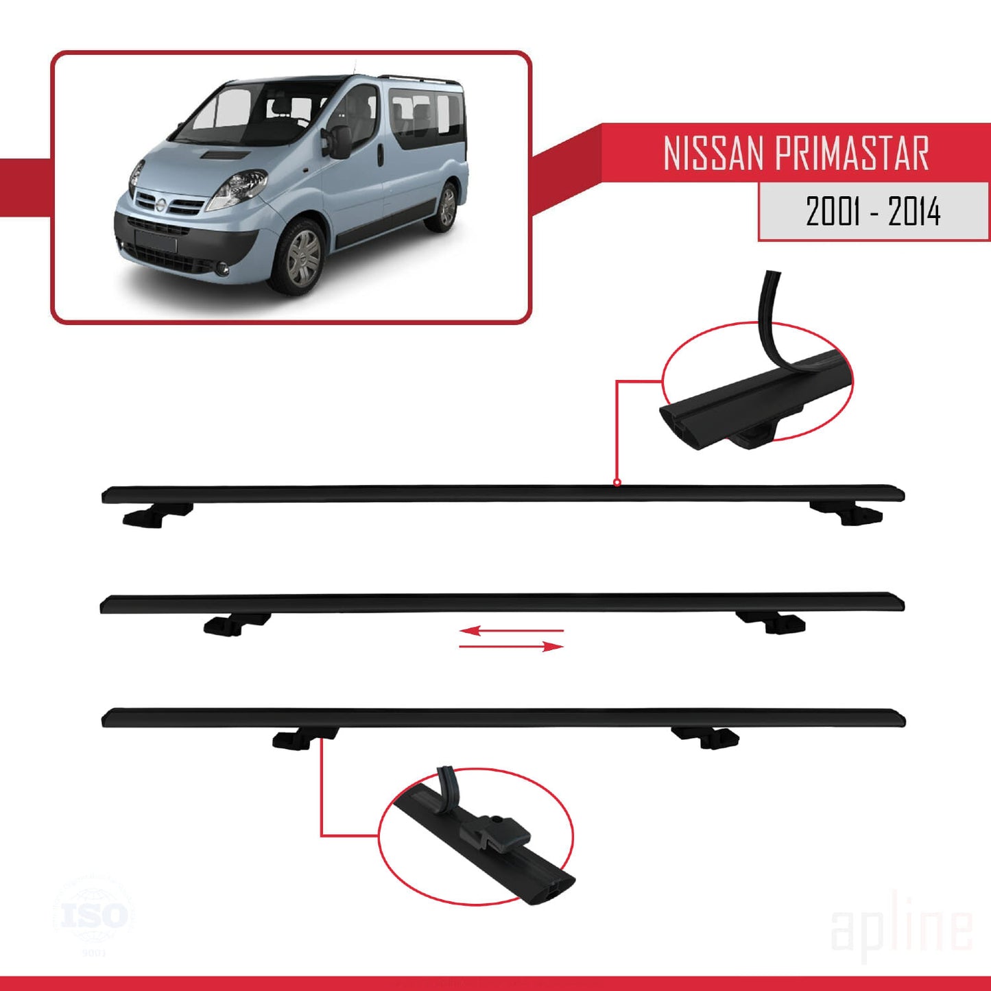 Compatible avec Nissan Primastar 2001-2014 BASIC Model Barres de Toit Railing Porte-Bagages de Voiture Noir Aluminium 4 Barres