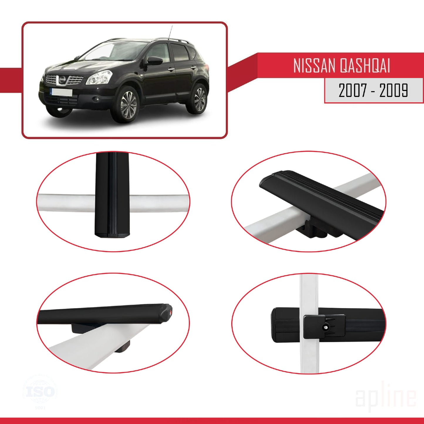Compatible avec Nissan Qashqai (J10) Pre-Facelift 2007-2009 BASIC Model Barres de Toit Railing Porte-Bagages de Voiture Noir Aluminium 3 Barres