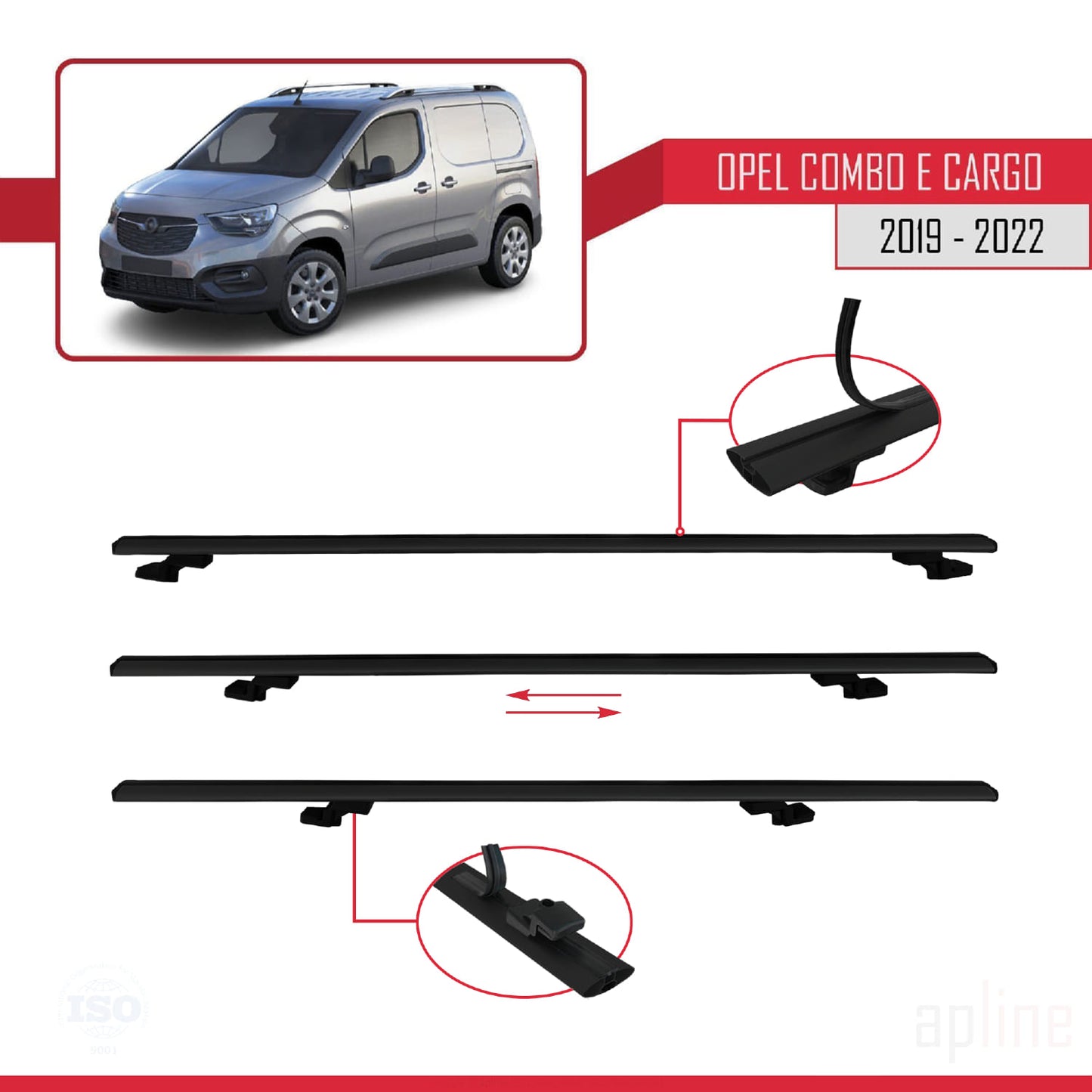 Compatible avec Opel Combo E Cargo 2019-2022 BASIC Model Barres de Toit Railing Porte-Bagages de Voiture Noir Aluminium 2 Barres