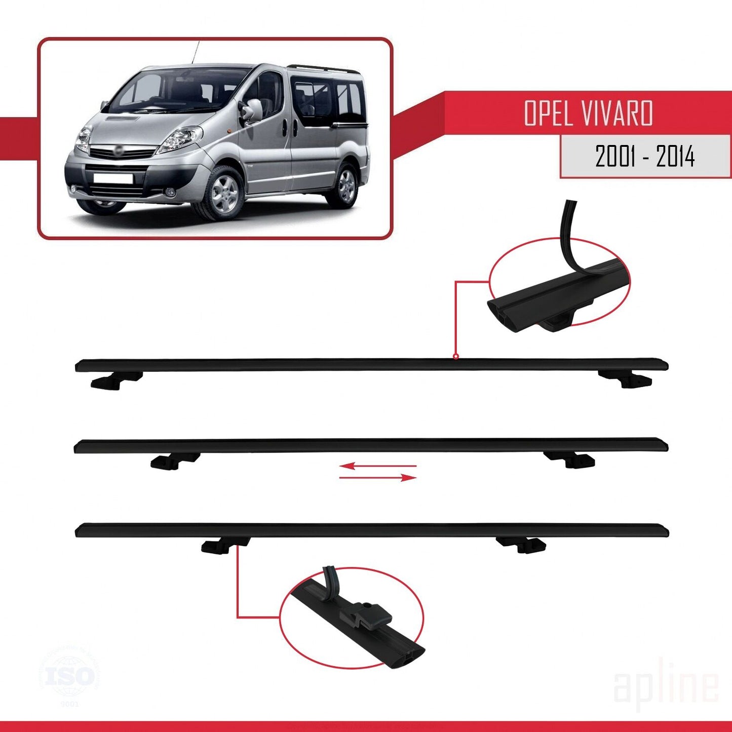 Compatible avec Opel Vivaro A 2001-2014 BASIC Model Barres de Toit Railing Porte-Bagages de Voiture Noir Aluminium 3 Barres