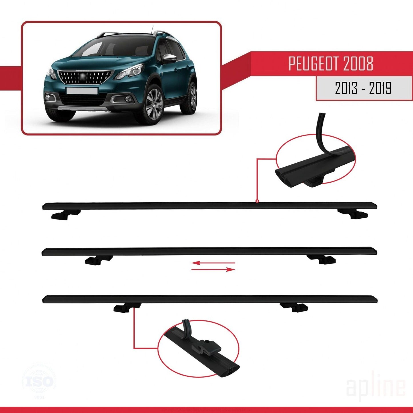 Compatible with Peugeot 2008 (A94) 2013-2019 BASIC Model Car Roof Rack Cross Bar Black Aluminium 2 Bars