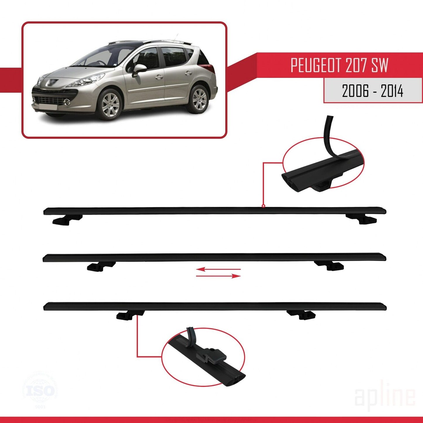 Compatible avec Peugeot 207 Break 2006-2014 BASIC Model Barres de Toit Railing Porte-Bagages de Voiture Noir Aluminium 2 Barres