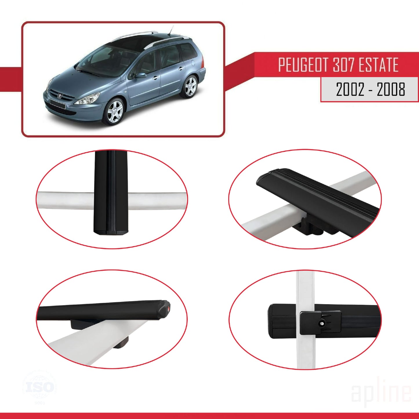 Compatible avec Peugeot 307 Break 2002-2008 BASIC Model Barres de Toit Railing Porte-Bagages de Voiture Noir Aluminium 3 Barres