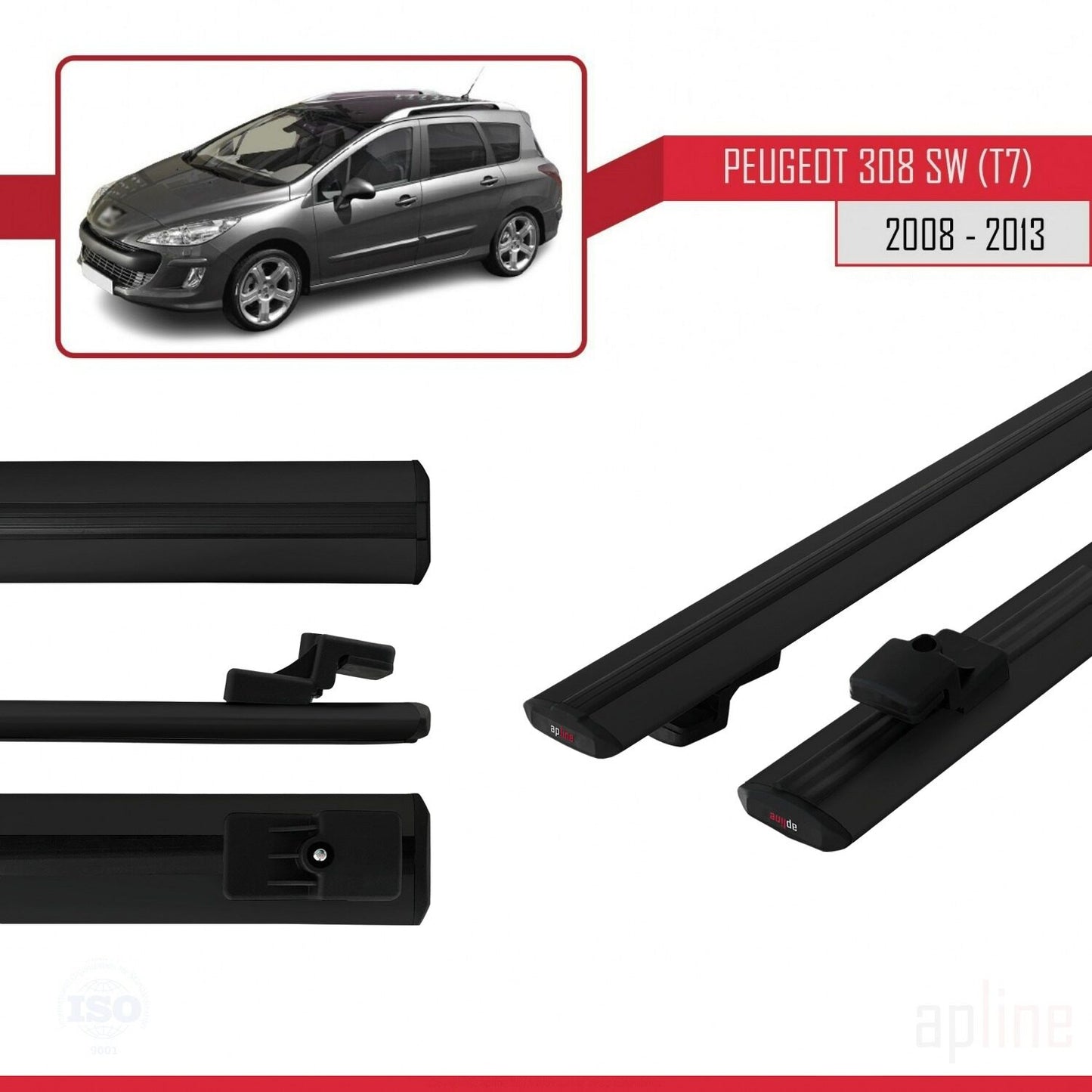 Compatible with Peugeot 308 (T7) SW 2008-2013 BASIC Model Car Roof Rack Cross Bar Black Aluminium 2 Bars