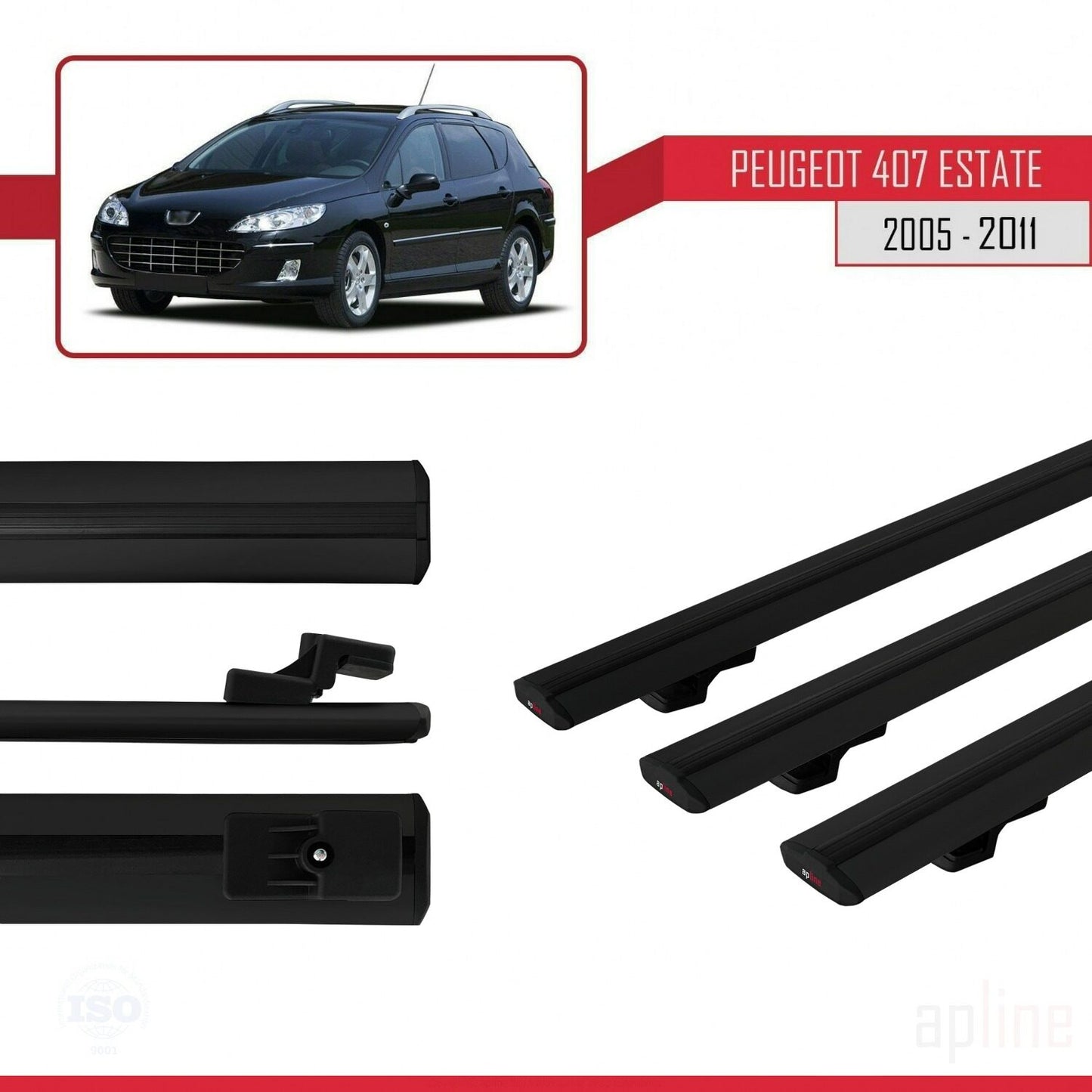 Compatible with Peugeot 407 SW 2005-2011 BASIC Model Car Roof Rack Cross Bar Black Aluminium 3 Bars