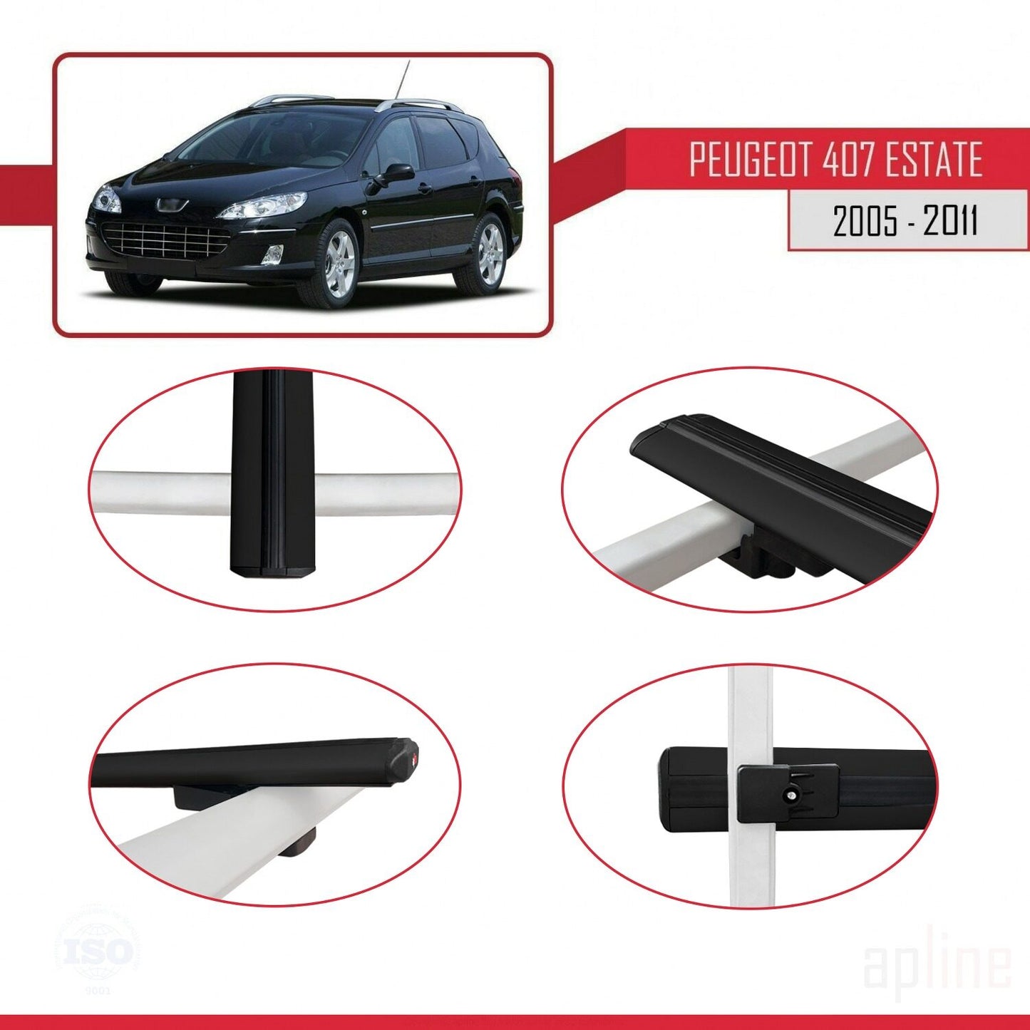 Compatible with Peugeot 407 SW 2005-2011 BASIC Model Car Roof Rack Cross Bar Black Aluminium 2 Bars