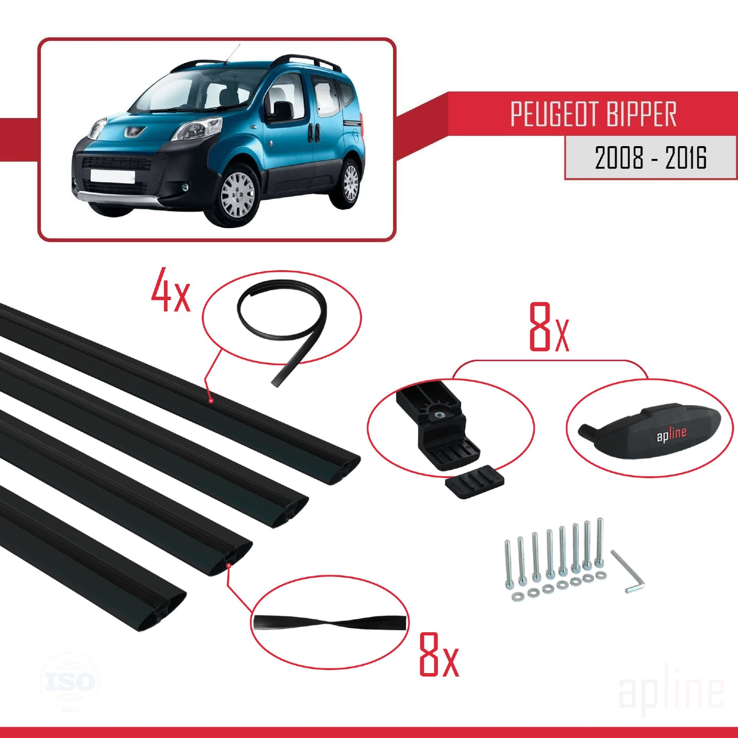 Compatible with Peugeot Bipper 2008-2017 BASIC Model Car Roof Rack Cross Bar Black Aluminium 4 Bars