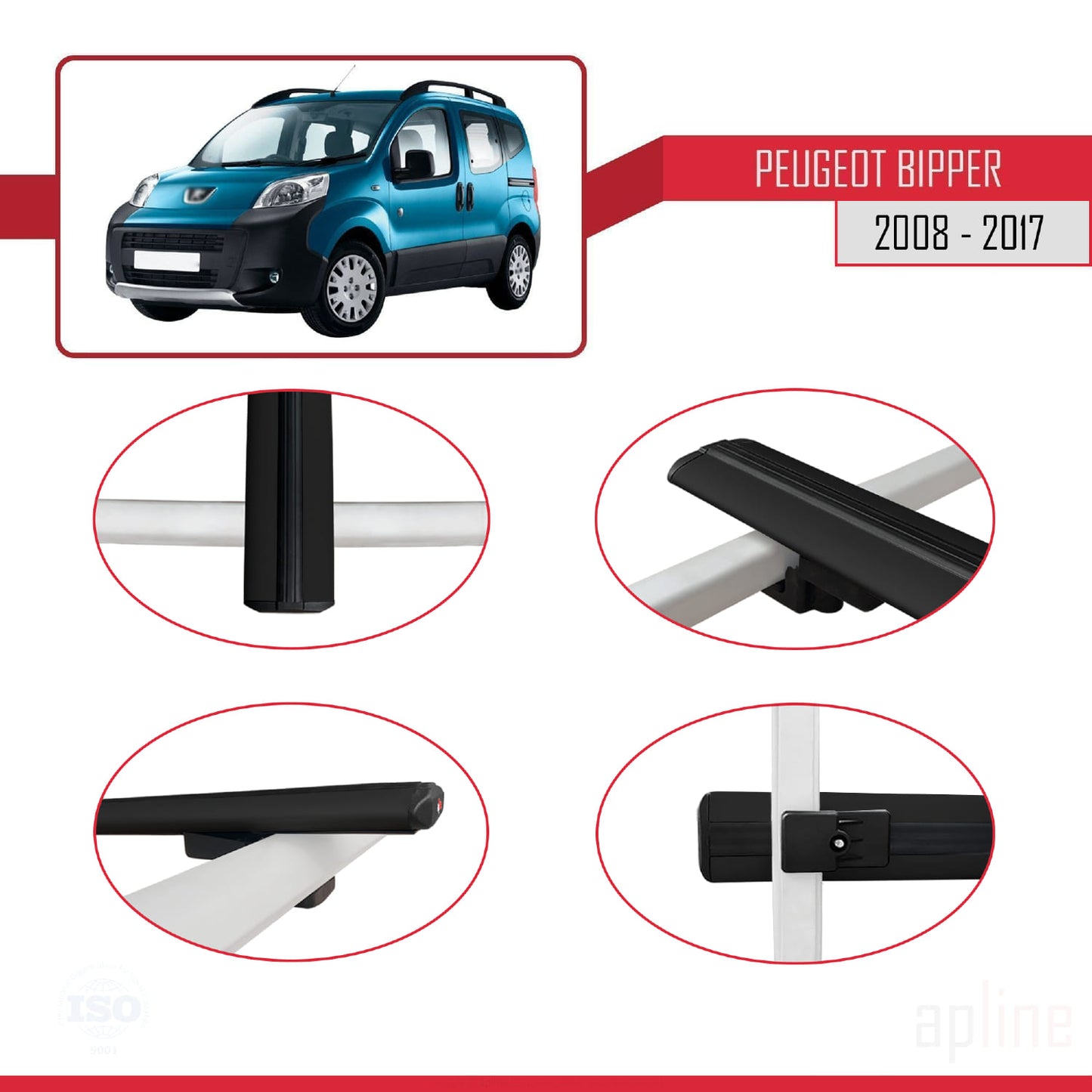 Compatible with Peugeot Bipper 2008-2017 BASIC Model Car Roof Rack Cross Bar Black Aluminium 2 Bars