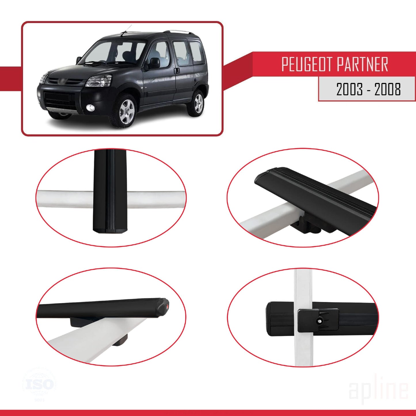 Compatible with Peugeot Partner Post-Facelift 2003-2008 BASIC Model Car Roof Rack Cross Bar Black Aluminium 4 Bars