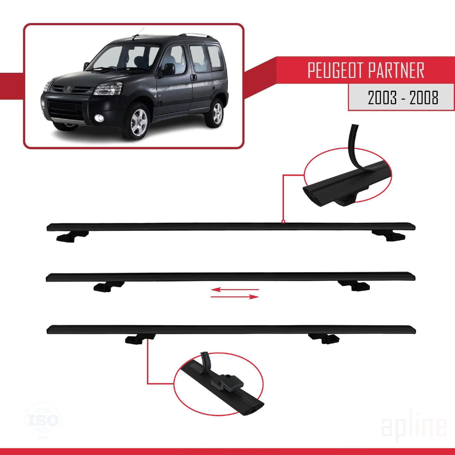 Compatible with Peugeot Partner Post-Facelift 2003-2008 BASIC Model Car Roof Rack Cross Bar Black Aluminium 4 Bars