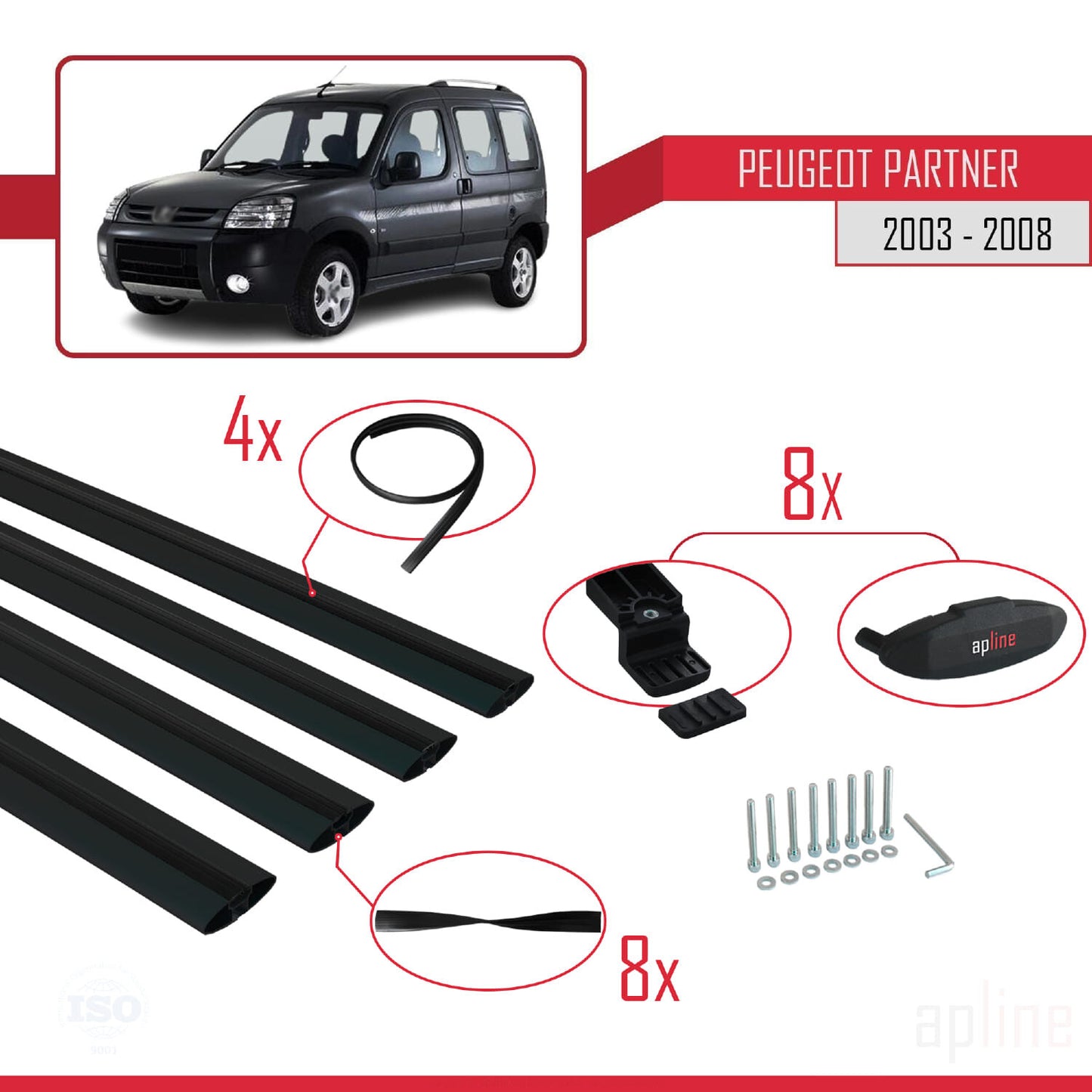 Compatible with Peugeot Partner Post-Facelift 2003-2008 BASIC Model Car Roof Rack Cross Bar Black Aluminium 4 Bars