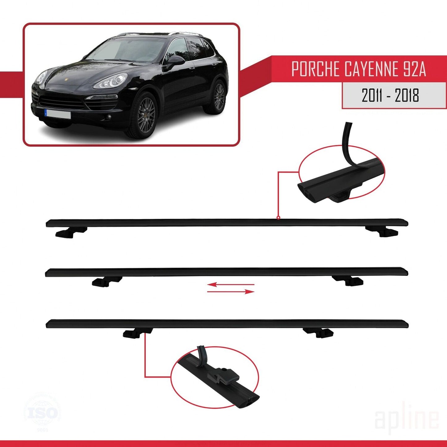 Compatible with Porsche Cayenne 2 (92A) 2011-2018 BASIC Model Car Roof Rack Cross Bar Black Aluminium 2 Bars