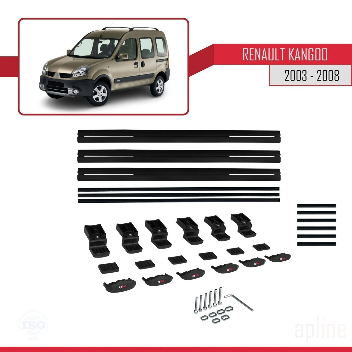 Compatible with Renault Kangoo (X76) Post-Facelift 2003-2008 BASIC Model Car Roof Rack Cross Bar Black Aluminium 3 Bars