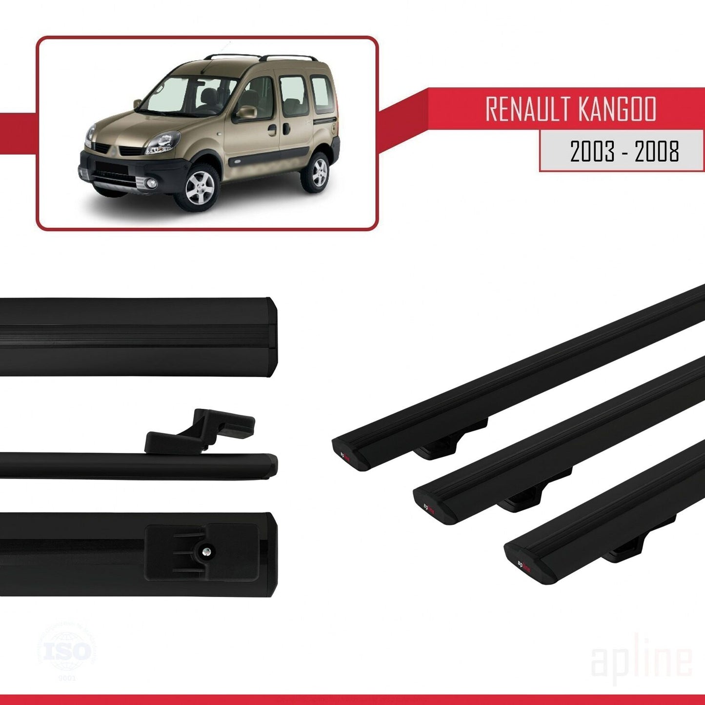 Compatible with Renault Kangoo (X76) Post-Facelift 2003-2008 BASIC Model Car Roof Rack Cross Bar Black Aluminium 3 Bars